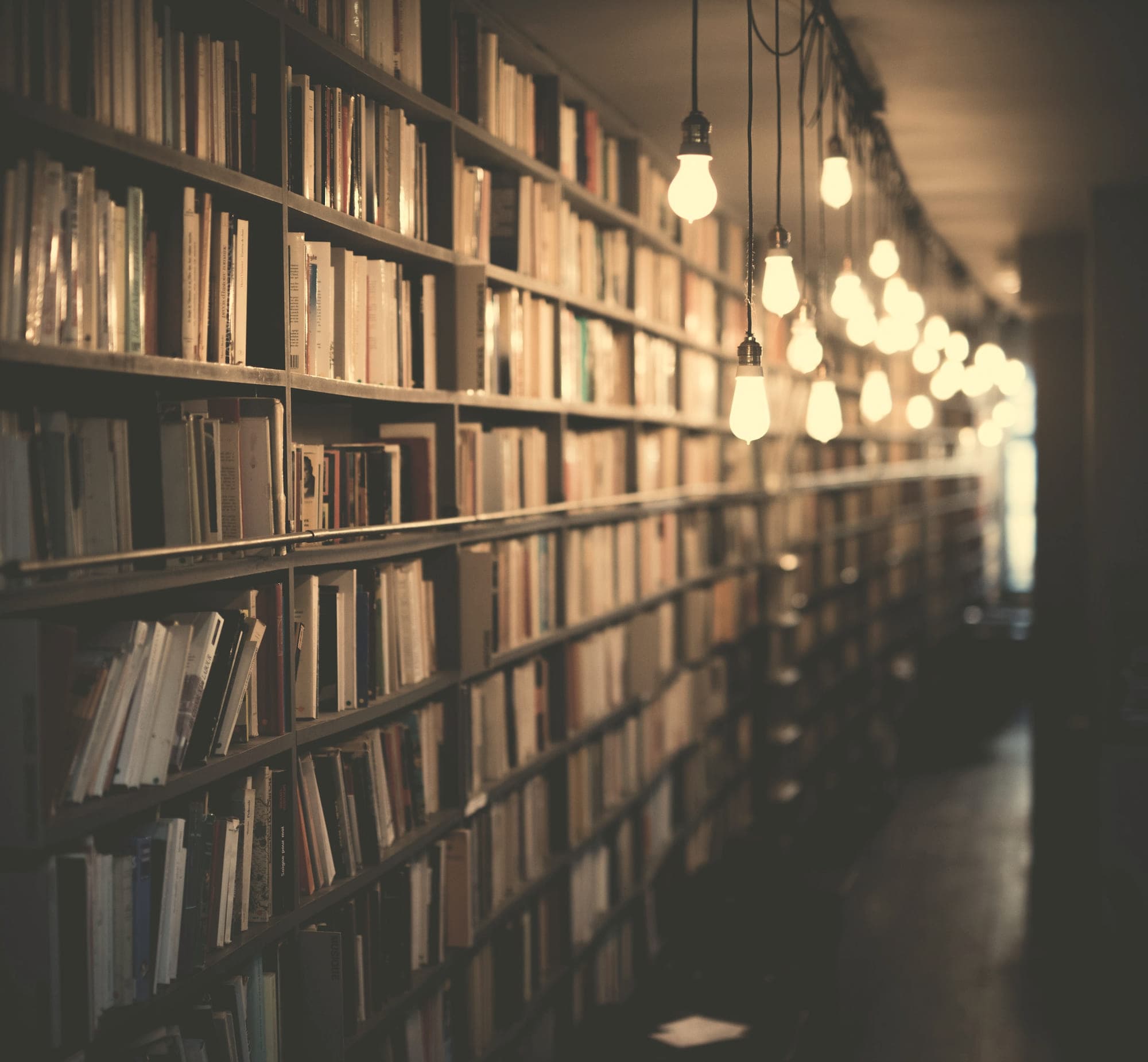Shelved volumes receding into darkness under hanging bulbs
